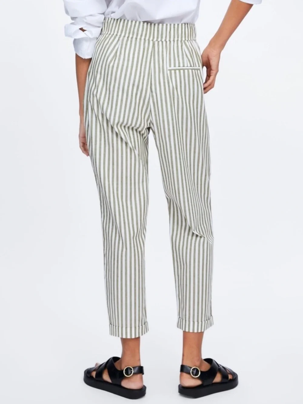 Zara Linen Blend Striped Bow Tie Waist Ankle Pants White Green Size Medium